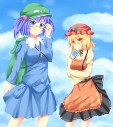  2girls :o adjusting_eyewear aki_minoriko apron backpack bag bespectacled blonde_hair blouse blue_eyes blue_hair blue_sky cloud commentary_request day food food-themed_clothes fruit glasses grapes hair_bobbles hair_ornament hat highres kawashiro_nitori key kokubun_(akikawaship) leaf long_sleeves looking_at_viewer multiple_girls pocket rice shirt short_hair skirt sky smile strap touhou two_side_up vest 