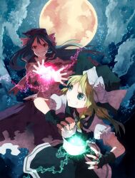  2girls black_gloves blonde_hair blue_eyes blue_hair bow braid commentary_request fingerless_gloves full_moon gloves grin hat hat_bow highres katayama_kei kirisame_marisa long_hair mima_(touhou) mini-hakkero moon multiple_girls outstretched_hand ribbon single_braid smile touhou touhou_(pc-98) witch_hat 