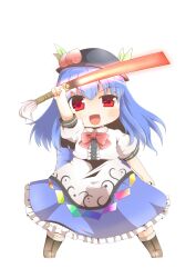  blue_hair blush bow commentary_request cross-laced_footwear dnk female food frills fruit hat highres hinanawi_tenshi leaf long_hair long_skirt open_mouth peach red_eyes short_sleeves simple_background skirt solo sword sword_of_hisou touhou weapon 