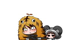  2girls :&lt; animal_costume animal_ears animal_print battlefield:_bad_company_2 battlefield_(series) blush camouflage capelet chibi commentary_request grey_hair gun mouse_ears multiple_girls nazrin rifle short_hair sniper_rifle suppressor sweatdrop tiger_costume tiger_print tora_(trampjing) toramaru_shou touhou transparent_background vss_vintorez weapon 