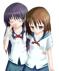  2girls brown_hair commentary_request hionhk long_hair multiple_girls onjouji_toki saki_(manga) saki_achiga-hen school_uniform serafuku shimizudani_ryuuka short_hair tears 