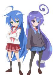  2girls :3 acchi_kocchi ahoge ascot chippucream commentary_request crossover green_eyes izumi_konata long_hair look-alike lucky_star miniwa_tsumiki mole mole_under_eye multiple_girls neckerchief pantyhose purple_eyes purple_hair red_ascot red_neckerchief ryouou_school_uniform school_uniform serafuku very_long_hair 