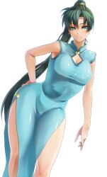  :3 adapted_costume aqua_eyes bad_id bad_pixiv_id blush breasts china_dress chinese_clothes cleavage cleavage_cutout clothing_cutout contrapposto curvy dress earrings female fire_emblem fire_emblem:_the_blazing_blade green_hair hair_tie hand_on_own_hip hip_focus jewelry large_breasts long_hair lyn_(fire_emblem) ponytail sajittari side_slit simple_background solo standing very_long_hair white_background 