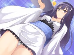  blush crescent crescent_hair_ornament fault!! female game_cg glass hair_ornament kamiwazumi_maya long_hair panties pantyshot purple_eyes purple_hair sash solo tony_taka tray underwear waitress white_panties 