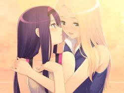  2girls blonde_hair blush date_wingfield_reiko eye_contact fault!! game_cg green_eyes hairband kamiwazumi_maya long_hair looking_at_another multiple_girls purple_eyes purple_hair tony_taka yuri 