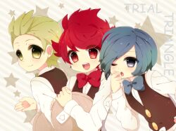  3boys :d ;o bad_id bad_pixiv_id blue_eyes blue_hair blush bow bowtie brothers chili_(pokemon) cilan_(pokemon) cress_(pokemon) english_text green_eyes green_hair looking_back male_focus multiple_boys nicole_(usako) one_eye_closed open_mouth pokemon pokemon_bw red_eyes red_hair siblings smile star_(symbol) traditional_bowtie tray triplets waiter 