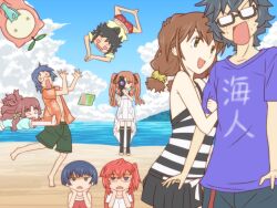  2boys 6+girls ano_natsu_de_matteru arisawa_chiharu beach black_hair blue_hair bow brown_hair clothes_writing cloud commentary_request day diving english_text engrish_text everyone flirting glasses hairbow heart heart-shaped_eyes ishigaki_tetsurou island kinoshita_kaori kirishima_kaito kitahara_mio multiple_boys multiple_girls ocean oniyan outdoors photoshop_(medium) pushing ranguage red_hair rinon_(ano_natsu_de_matteru) saliva sand sky takatsuki_ichika tanigawa_kanna thighhighs twintails water yamano_remon 