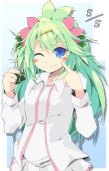  blue_eyes blush_stickers commentary_request female green_hair hair_ornament one_eye_closed personification photoshop_(medium) pokemon rakkogawa_rinro shaymin shaymin_(land) skirt solo 