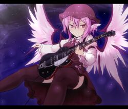  animal_ears ayagi_daifuku bird_wings blush commentary_request female guitar hat instrument long_sleeves mystia_lorelei night pink_eyes pink_hair short_hair smile solo thighhighs touhou wide_sleeves wings 