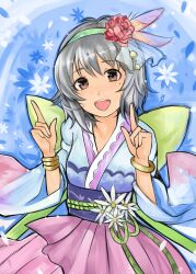  bracelet brown_eyes commentary_request female flower grey_hair hair_flower hair_ornament idolmaster idolmaster_cinderella_girls jewelry mole mole_under_eye narumiya_yume nerotarou obi open_mouth sash solo 