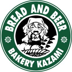  :d alternate_costume brand_name_imitation bread commentary_request english_text female food head_scarf kazami_yuuka logo open_mouth parody short_hair smile solo starbucks touhou yuzu_momo 