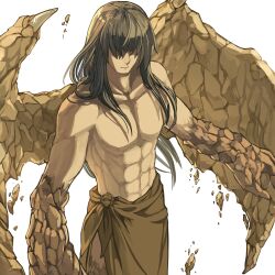  1boy abs bad_id bad_pixiv_id brown_hair elona harusame_(rueken) male_focus opatos_of_earth rock solo topless_male wings 