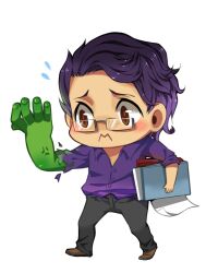  1boy avengers bruce_banner chibi glasses hulk male male_focus marvel mcu paper purple_shirt shirt solo transformation white_background xkbyzqz 