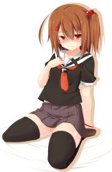  absurdres black_thighhighs blush borrowed_character brown_hair commentary_request dodome-iro_mayonnaise female hair_bobbles hair_ornament highres morinaga_koeda original photoshop_(medium) red_eyes school_uniform side_ponytail skirt solo thighhighs 