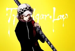  1boy black_jacket blue_eyes character_name earrings eilinna facial_hair fur_trim fuzzy_hat goatee hat hat_over_one_eye jacket jewelry male male_focus nodachi one_piece red_string sheath sheathed sideburns solo string sword tattoo trafalgar_law turtleneck weapon yellow yellow_background 