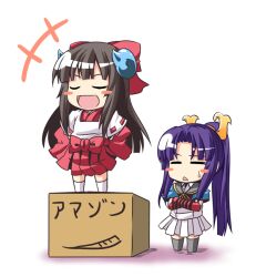  2girls :d blush_stickers box brown_hair cardboard_box chibi closed_eyes commentary_request crossed_arms eiyuu_senki hair_ornament himiko_(eiyuu_senki) ichimi long_hair magatama magatama_hair_ornament minamoto_no_yoshitsune_(eiyuu_senki) multiple_girls on_box open_mouth photoshop_(medium) ponytail purple_hair skirt smile standing standing_on_object sweatdrop 