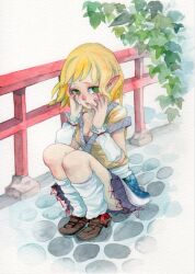  arm_warmers bad_id bad_pixiv_id blonde_hair breasts cleavage female full_body green_eyes hands_on_own_face leaf leg_warmers medium_breasts mizuhashi_parsee off_shoulder open_mouth painting_(medium) pinkxxxna pointy_ears shoes short_hair sitting skirt solo tears touhou traditional_media watercolor_(medium) 