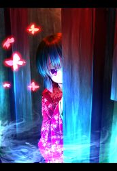  black_hair bug butterfly commentary_request fatal_frame fatal_frame_2 female fog ghost hiding highres japanese_clothes kimono letterboxed peeking_out purple_eyes red_eyes red_kimono ryosios short_hair solo tachibana_chitose 