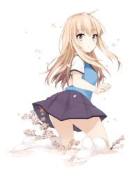  :o blonde_hair brown_eyes cherry_blossoms commentary_request female flower from_behind kneehighs kneeling kusano_houki long_hair looking_back no_shoes official_art photoshop_(medium) sakura-sou_no_pet_na_kanojo school_uniform shiina_mashiro skirt socks solo white_socks wind wind_lift 