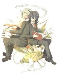  2boys aki-t back-to-back black_hair blue_flower book closed_eyes commentary_request elliot_nightray flower formal glasses grey_hair leo_(pandora_hearts) lily_(flower) lily_of_the_valley long_hair male_focus multiple_boys open_mouth pandora_hearts pocket_watch red_flower short_hair smile staff_(music) suit watch white_flower 