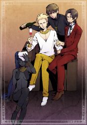  3boys alcohol anger_vein assassin_(fate/zero) black_skin blonde_hair blue_eyes bottle bracelet brown_eyes brown_hair chair colored_skin commentary_request cross cup dark-skinned_female dark_skin drinking_glass easy_chair facial_hair fate/zero fate_(series) female female_assassin_(fate/zero) gilgamesh_(fate) goatee jewelry kitamura_mona kotomine_kirei long_hair mask multiple_boys necklace official_alternate_costume ponytail purple_hair red_eyes tohsaka_tokiomi v-neck wine wine_glass 