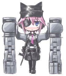  blue_eyes blush busou_shinki commentary_request female gun hat kugelschreiber looking_at_viewer murmeltier necktie pantyhose purple_hair short_hair simple_background solo weapon white_background 