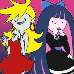  2girls adventure_time bite_mark blonde_hair commentary_request cosplay dress earrings itimu jewelry long_hair marceline_abadeer multicolored_hair multiple_girls panty_&amp;_stocking_with_garterbelt panty_(psg) panty_(psg)_(cosplay) princess_bonnibel_bubblegum red_dress short_dress solid_circle_eyes stocking_(psg) stocking_(psg)_(cosplay) two-tone_hair 