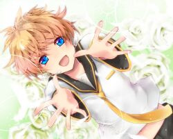  1boy :d bad_id bad_pixiv_id blue_eyes brown_hair kagamine_len male_focus open_mouth outstretched_arms photoshop_(medium) sakura_ran smile solo vocaloid 