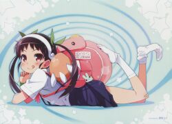  :q absurdres backpack bag bandaid bandaid_on_knee bandaid_on_leg black_hair brown_eyes feet female hachikuji_mayoi haga_yui hair_ribbon hairband highres long_hair looking_at_viewer lying monogatari_(series) name_tag no_shoes on_stomach ribbon sock_dangle socks solo star_(symbol) starry_background tongue tongue_out twintails v-shaped_eyebrows white_socks 