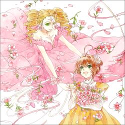  2girls blonde_hair bouquet brown_hair cardcaptor_sakura colored_eyelashes commentary_request dress drill_hair facial_mark flower flower_(clow_card) forehead_mark green_eyes hair_flower hair_ornament kinomoto_sakura multiple_girls pink_dress smile tsuna2727 twintails yellow_dress 