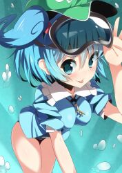  bad_id bad_pixiv_id blue_eyes blue_hair blush breasts bubble female goggles hair_bobbles hair_ornament hat kawashiro_nitori key medium_breasts no_pants short_hair sleeves_pushed_up solo supershiruco swimsuit swimsuit_under_clothes tongue tongue_out touhou two_side_up 