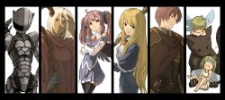  1boy 4girls androgynous android_(elona) bad_id bad_pixiv_id black_angel_(elona) black_cat_(elona) blonde_hair cloak column_lineup cute_fairy_(elona) defender_(elona) dress elona exile_(elona) fairy feline golden_knight_(elona) harusame_(rueken) highres multiple_girls pantyhose ribbon robe robot staff twintails weapon white_hair wings 