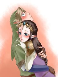  blue_eyes hug link pixiv_thumbnail pointy_ears princess_zelda resized the_legend_of_zelda wasabi_(legemd) 