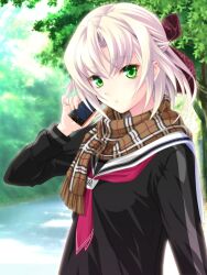  aizawa_kotarou blush bow cellphone female green_eyes hairbow kagamigawa_noelle memories_off memories_off_6 phone photoshop_(medium) plaid plaid_scarf scarf school_uniform short_hair silver_hair solo upper_body 