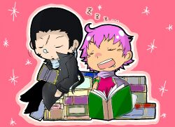  1boy alfa_system beard black_hair blush_stickers book closed_eyes coat earrings facial_hair female hermana_larmo jewelry long_hair open_mouth pants pink_background purple_hair ricardo_soldato saliva scar scarf sleeping tales_of_(series) tales_of_innocence 