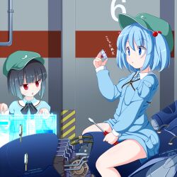  2girls black_hair blue_eyes blue_hair bob_cut chestnut_mouth commentary_request dark_haired_kappa extra hair_bobbles hair_ornament hat highres holographic_interface holographic_monitor holographic_touchscreen kappa_mob_(touhou) kawashiro_nitori key machine multiple_girls nikku_(ra) red_eyes science_fiction screwdriver short_hair sitting straddling touhou two_side_up 