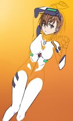  afloat ayanami_rei ayanami_rei_(cosplay) bodysuit breasts brown_hair commentary_request cosplay empty_eyes female goggles goggles_on_head grey_eyes head-mounted_display lcl medium_breasts medium_hair misaka_imouto neon_genesis_evangelion parody partially_submerged pilot_suit plugsuit science_fiction simple_background solo thigh_gap toaru_kagaku_no_railgun toaru_majutsu_no_index touryou trait_connection white_bodysuit 