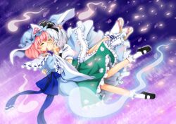  2girls blush closed_eyes commentary_request couple flan_(zhd91) frills ghost hair_ribbon hairband hand_on_head hat highres hitodama kissing konpaku_youmu konpaku_youmu_(ghost) long_skirt long_sleeves mary_janes multiple_girls photoshop_(medium) pink_hair ribbon saigyouji_yuyuko shoes short_hair short_sleeves skirt touhou triangular_headpiece white_hair wide_sleeves yuri 