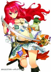  1boy ahoge bad_id bad_pixiv_id belt boots bracelet breasts choker cleavage female green_eyes green_hair ikuta_sorouku jewelry knee_boots long_hair medium_breasts midriff navel necklace official_art red_eyes red_hair sanbasou short_hair smile sword tenkyou_no_alderamin weapon yatorishino_xam 