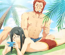  2boys 33paradox aged_up ass bad_id bad_pixiv_id beach beard black_hair cigar day facial_hair fate/zero fate_(series) food green_eyes handheld_game_console iskandar_(fate) long_hair lord_el-melloi_ii male_focus male_swimwear manly multiple_boys outdoors parted_bangs photoshop_(medium) playing_games playstation_portable popsicle red_eyes red_hair sidelocks sweat swim_trunks time_paradox topless_male waver_velvet 