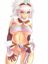  :q armor bad_id bad_pixiv_id blue_eyes breasts cleavage dodai_shouji elbow_gloves female gloves hairband highres horns kirin_(armor) large_breasts long_hair midriff monster_hunter_(character) monster_hunter_(series) navel panties single_horn solo tongue tongue_out underwear white_hair 