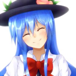  bad_id bad_pixiv_id blush bow closed_eyes female food fruit hat head_tilt hinanawi_tenshi leaf long_hair pandora-ex peach simple_background smile solo touhou very_long_hair 