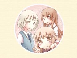  3girls blonde_hair brown_eyes brown_hair commentary_request hair_ornament hairclip multiple_girls necktie oerba_yun_fang oomuro_hanako oomuro_nadeshiko oomuro_sakurako open_mouth photoshop_(medium) siblings sisters tomaden yuru_yuri 