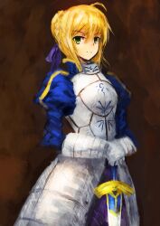  ahoge armor armored_dress artoria_pendragon_(fate) bad_id bad_pixiv_id blonde_hair cowboy_shot excalibur_(fate/stay_night) fate/stay_night fate_(series) faulds female gauntlets green_eyes hair_ribbon hands_on_hilt highres hone_(sss-sig) puffy_sleeves ribbon saber_(fate) solo sword weapon 