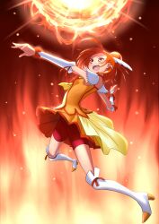  arm_up bike_shorts bike_shorts_under_skirt choker commentary_request cure_sunny female fire hair_bun hino_akane_(smile_precure!) jumping looking_up magical_girl orange_eyes orange_hair orange_skirt orange_theme precure red_shorts short_hair shorts single_hair_bun skirt smile smile_precure solo takebi thighhighs tiara 