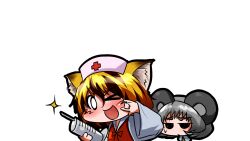  &gt;_o 2girls animal_ears blonde_hair blush brown_hair capelet chibi commentary_request cross grey_hair hat kemonomimi_mode long_sleeves mouse_ears multicolored_hair multiple_girls nazrin nurse_cap one_eye_closed open_mouth short_hair sparkle sweatdrop syringe tiger_ears tora_(trampjing) toramaru_shou touhou transparent_background two-tone_hair wide_sleeves 