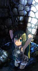  armpits arms_up bondage bondage bound chains commentary_request female from_above fujita_(condor) green_eyes green_hair hatsune_miku long_hair looking_up photoshop_(medium) skull solo twintails vocaloid well 