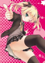  ;) black_thighhighs blonde_hair blush commentary_request female green_eyes grin jacket one_eye_closed original outline panties plaid plaid_skirt pointing ryo_(botugo) school_uniform skirt smile solo star_(symbol) thighhighs twintails underwear yellow_panties 