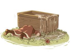  ass bad_id bad_pixiv_id brown_footwear crushed dress elona female gameplay_mechanics grass harusame_(rueken) on_ground orb protagonist_(elona) rueken&#039;s_elona_player_character solo spill water wooden_bathtub 