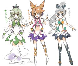  3girls bad_id bad_pixiv_id blue_eyes brown_eyes brown_hair green_eyes green_hair grey_hair hand_on_own_hip heartcatch_precure! itomugi-kun magical_girl mononobe_no_futo multiple_girls one_eye_closed parody precure skirt smile soga_no_tojiko touhou toyosatomimi_no_miko unofficial_precure_costume 